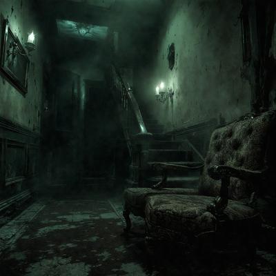 The primary subject of the image is a chair, which is situated in a dark and eerie setting. The chair is positioned in a hallway, and the overall atmosphere of the scene is mysterious and unsettling. The visual style of the image is a combination of photo and digital art, creating a unique and intriguing visual experience. The colors in the image are predominantly dark, with some hints of green, adding to the overall mood of the scene.